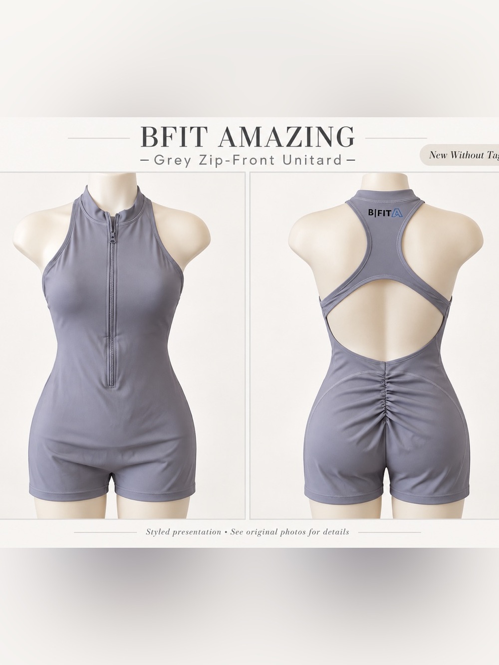 BFit Amazing Gray Zip Front Unitard Open Back Ruched Athletic Romper NWOT